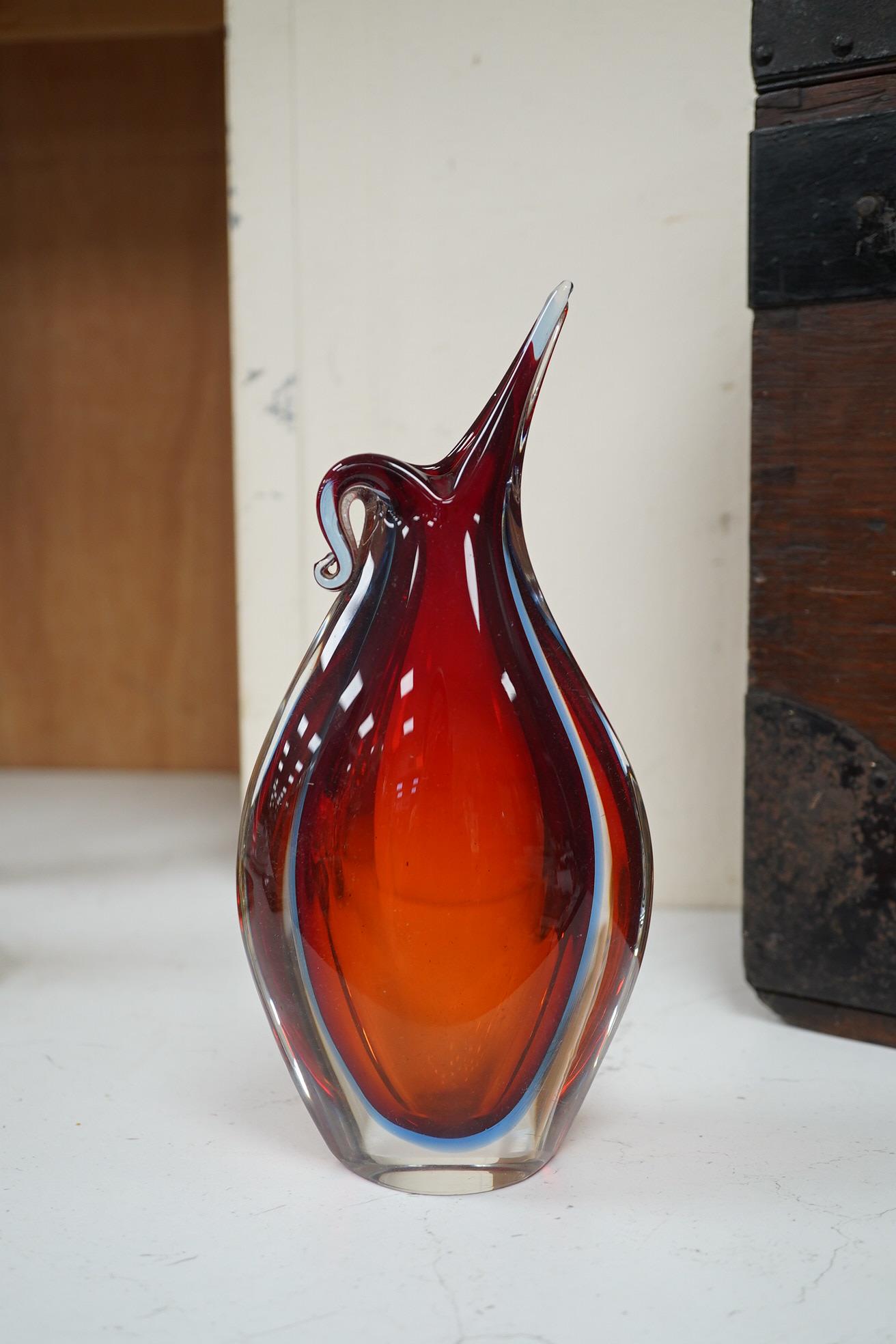 Seven red glass vases including Whitefriars, tallest 21cm high. Condition -good